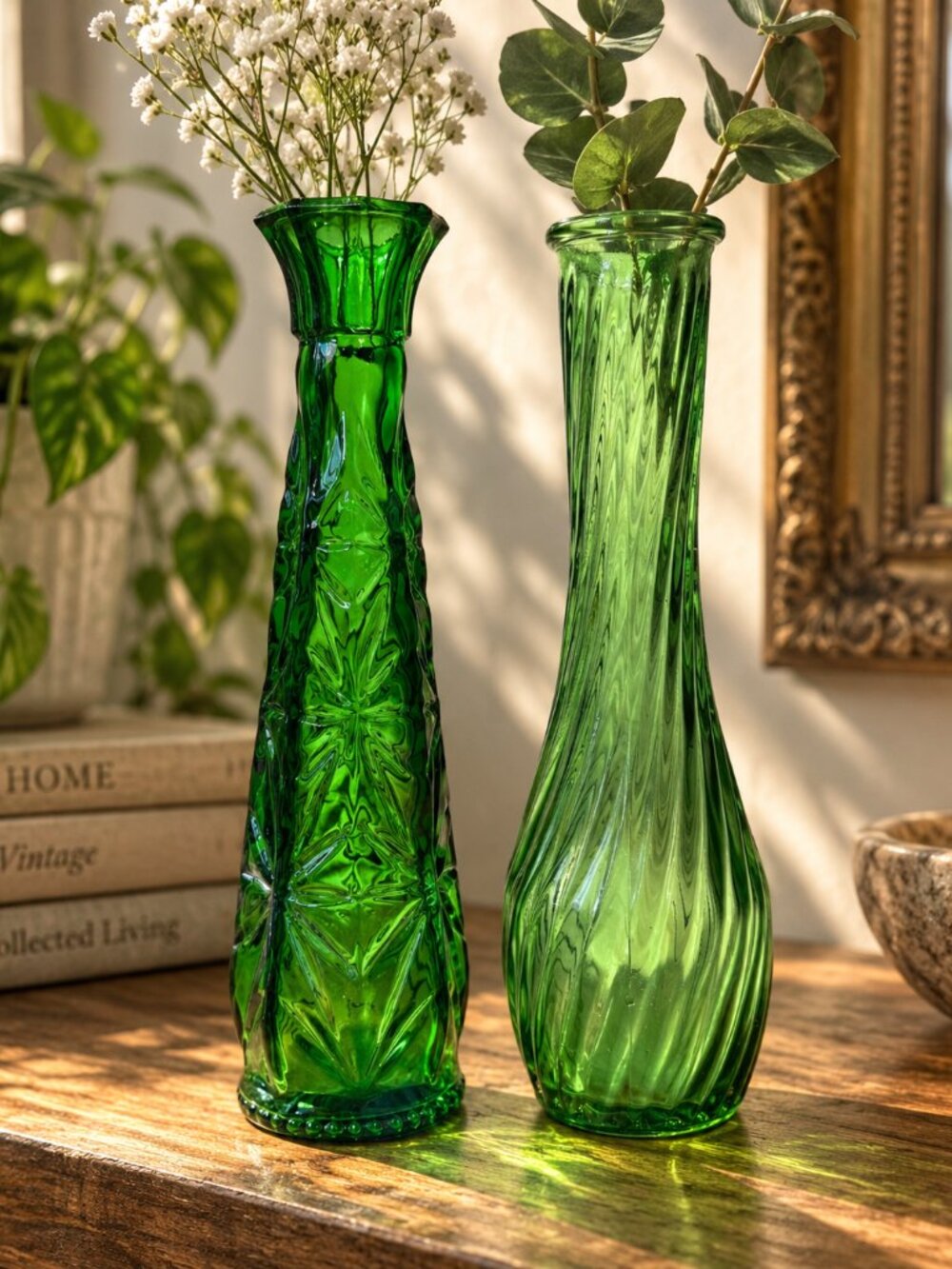 Vintage Green Glass Bud Vases Set of 2 Starburst Swirl MCM